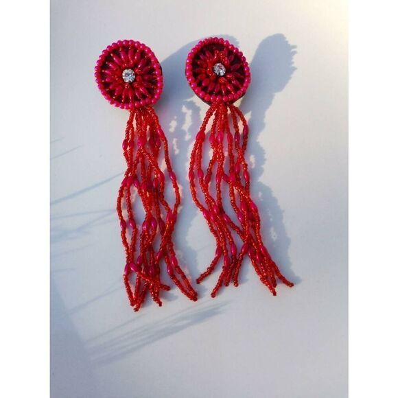 Vintage Red Runway Crystal Applique Beaded Fringe Clip-On Earrings | 5.20" - Picture 4 of 4